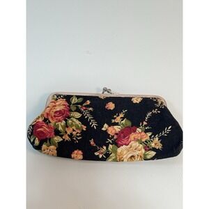 Women's Floral Rose Kiss Lock Clutch Purse Vintage Style Fabric Bag